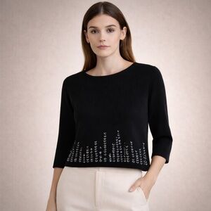 HILLARD & HANSON Black Beaded Hem Knit‎ Sweater 3/4 Sleeve 90s Y2K Vintage L